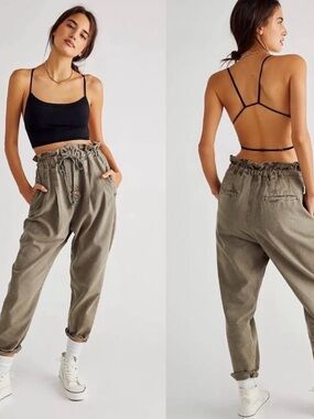 Free People Margate Pleated Paperbag Pants in Olive Drab